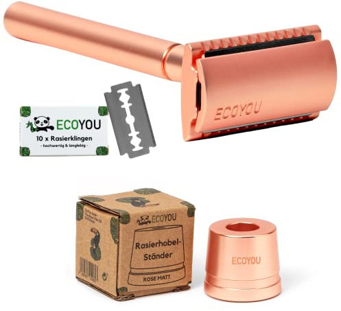 EcoYou Rasierhobel Set - Rosé Rasierhobel und Ständer inkl. 10 Rasierklingen