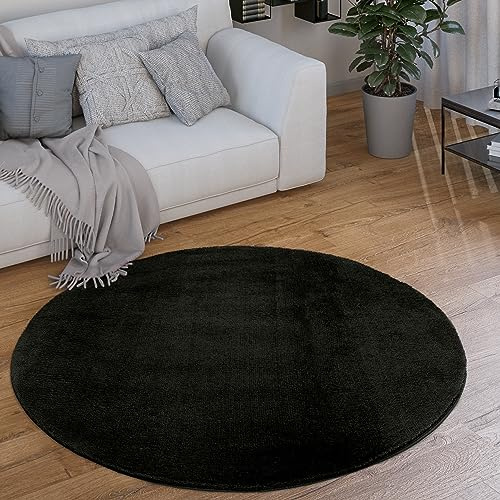 Paco Home Waschbarer Teppich Rund Wohnzimmer Kurzflor rutschfest Modern Flauschig Einfarbiges Muster, Grösse:120 cm Rund, Farbe:Schwarz