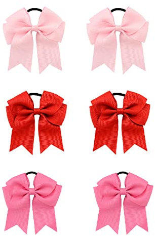 6 Stück Schleife Haargummi,Pferdeschwanzhalter Zopf Cheerleader Schleifenband,für Kleinkinder Mädchen Frauen Outfit Uniform,Rosa, Rot,Rosarot