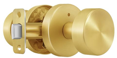 naubea Privacy Gold Door Knobs Interior, Satin Brass Door Knobs Interior with Lock, Heavy Duty Modern Round Brushed Gold Door Handle for Bedroom Bathroom