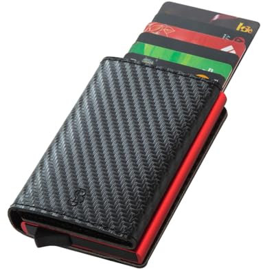 BONNY & SLIDE Kartenetui RFID Schutz – Magnet Card Holder Wallet Slim - Karten Portemonnaie Münzfach - Kreditkartenetui Geldbeutel - Geldbörse Damen Herren - Mini Portmonee Carbon/Rot