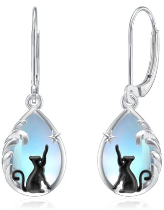 Tropfen Mondstein Ohrringe Hängend Silber 925 Schwarz Katze Ohrring für Frauen Damen Silberschmuck