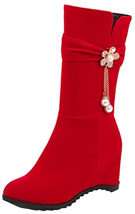 Generisch Fantasieschuhe für Damen, einfarbig, Schwarz, Blumendekor und seitlicher Reißverschluss, Keilabsatz, dicke und mittelgroße Stiefel, Quad Rollschuhe, Schwarz, Rot, Größe 37, rot, 37 EU