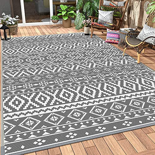 Outdoor Rug for Patios 180 x 270cm Waterproof Reversible & Easy Cleaning Plastic Straw Floor Mat Picnic Blanket UV Resistant Area Rugs for RV Camping Picnic BBQ Balcony Beach (Grey, 150 x 240 cm)