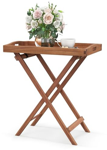 KOMFOTTEU - Mesa auxiliar con bandeja extraíble, mesa baja plegable, bandeja de servicio con soporte, estructura en forma de X, mesa lateral, interior y exterior (madera de acacia, 68 x 44 x 74 cm)