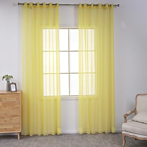 2er Set Transparent Vorhang Voile Ösenvorhang, Modern Vorhänge Wohnzimmer Gardinen, Einfarbige Vorhänge Fertiggardinen Gardinen Schals Dekoschal für Fenster Schlafzimmer Balkontür,140x180cm Gelb
