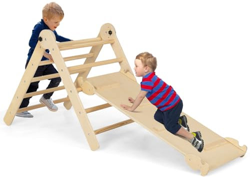 GYMAX 4-in-1 Kids Climbing Set, Wooden Toddler Climber with Slide/Climbing Ramp, Indoor Foldable Climbing Toys for 3 Years Old+ Boys Girls (Natural)