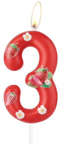mciskin Bougies d'anniversaire en forme de fraise, décorations de 3e anniversaire, bougies rouges en forme de chiffre 3 pour gâteaux, décorations de 3e anniversaire pour filles et garçons, fournitures