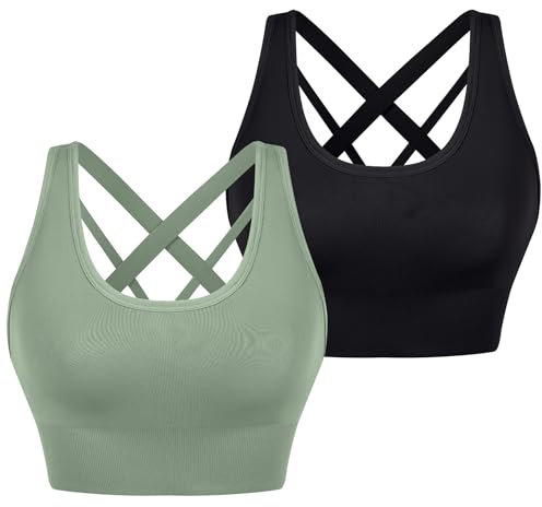 Leversic Sport BH Damen Push up, Sports Bra Ohne Bügel Sport BH Rückenfrei, mit Breiten Trägern für Besseren Halt und Unterstützung, 2PCS-Schwarz+Grün, L
