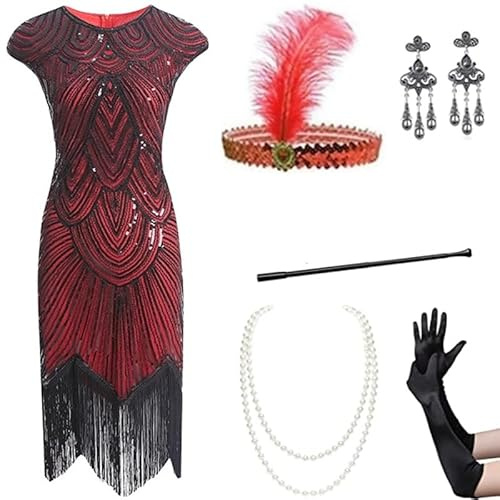 Velcoxplay Robe style années 1920 pour femme avec paillettes, perles et franges, avec ensemble d'accessoires des années 20