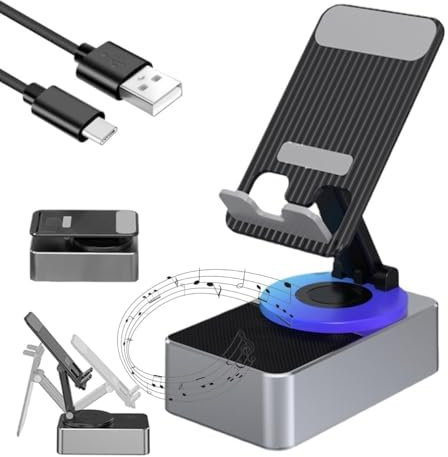 Bluetooth Audio Power Phone Holder, Phone Stand with Bluetooth Speaker, Foldable Cellphone Stand with Speakers Bluetooth Wireless, 360° Rotable Adjustable Portable mobile phone stand (Grey)