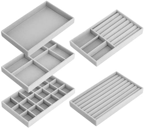 QWORK® 5 Pack Jewelry Trays Organizer, Velvet Jewellery Tray, for Earring, Ring, Necklace and Bracelet Display, Grey