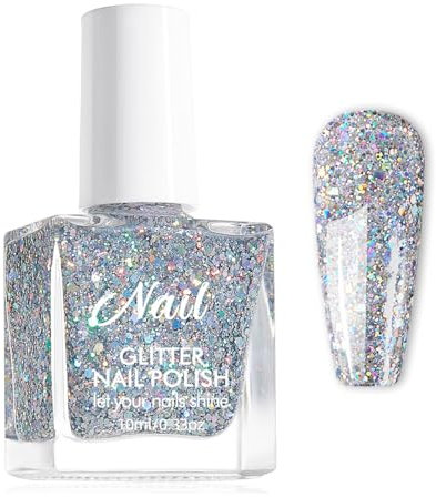 Glitzer Nagellack - Schnelltrocknend Schimmer Nagellack - 10ml Glitzernagellack Holographic Glitter Nail Polish, Sparkling Nail Art Nagellack Ohne UV Lampe (Silber AJY153)