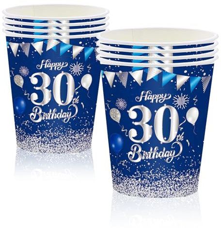 MORAINJAY 30 Geburtstag Papierbecher,16 Stück Blau mit Silver Papierbecher für Mann Frau 30 Geburtstag Party,9oz/250ml Papierbecher für 30. Geburtstag Party Deko