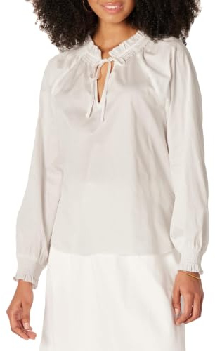 Amazon Essentials Women's Relaxed-Fit Cotton Sateen Ruffle-Neck Long-Sleeve Blouse
