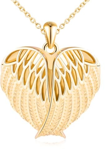 MicLee Collier Photo Médaillon Cœur en Argent 925 Femme Fille Pendentif Locket de Plume - Ailes d'ange Breloque Ouvrable Or Collier Amulette Mémorial Bijoux Elégant