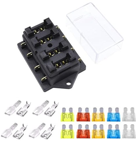 XIAQICA 4 Voies Porte Fusible 12V 24V 32V Standard Boîte à Fusibles avec 10 Fusible à Lame Libre (5A 10A 15A 20A 25A) Imperméable Boite Fusible pour Automobileb Camion Bateau Camping-Car