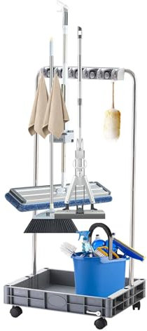 Carro de limpieza Dewdat - Gran capacidad, ruedas, fregadero integrado, almacenamiento adicional, gris, acero y caucho, para interior