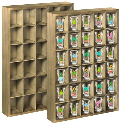 2 Stück Schnapsglas-Vitrine, Vintage-Grün, Holz-Schnapsglasregal mit abnehmbaren Regalen, Wandmontage, Schattenbox, Fingerhut-Vitrine, 30 Fächer