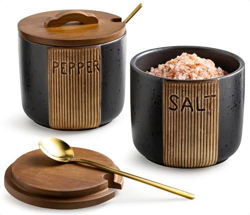 YHOJOY Salt and Pepper Bowl, Ceramic Salt Containers for Countertop, Salt and Pepper Cellar with Lid and Spoons, Modern Salt and Pepper Set, Black