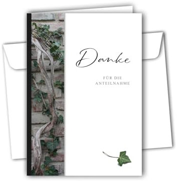 RotfuchsDesign - Danksagung Dankeskarten Trauer Trauerkarten 10 Klappkarten mit Umschlag Danksagungskarten nach Todesfall Beerdigung Abschied Motiv: Efeu Innenseite mit Text und Bildmotiv, DIN A6,