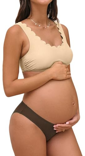 CUPSHE Conjunto de bikini de maternidad para mujer, traje de baño de talle bajo, festoneado, cuello redondo, correas ajustables, gancho trasero, Beige/Marrón, M