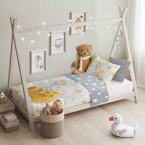 texpot Kinderbettwäsche Set 100 x 135 + 40 x 60 cm mit niedlichen Druckmotiven 100% Baumwolle Reißverschluss pflegeleicht (Maus)