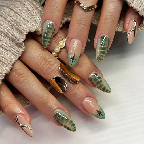 Kinretixia Mittelgroße Kunstnägel, Grüne French Nägel, Press Ons, 3D Nägel mit gebogener Linie, Lange quadratische Acrylnägel, 24 Stück, 1 ml (24er Pack)