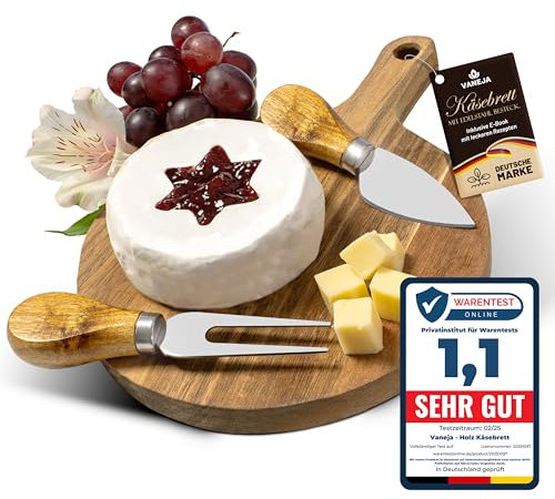VANEJA Premium Käsebrett, Schneidebrett aus Holz, ⌀17,5 x 1,5 cm, Käsebrett mit Messer Käseschaber Käseplatte aus Holz Holzplatte Käse Cheese board Set Charcuterie board inkl. kostenlosem e-book