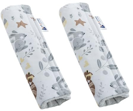 Medi Partners Gurtpolster Kinder 2 Stück Autogurt Polster Gurtschutz für Auto - 17x22cm 100% Baumwolle Minky Schulterpolster Kids Gurt Schutz Sicherheitsgurt (Reh mit graue Minky)