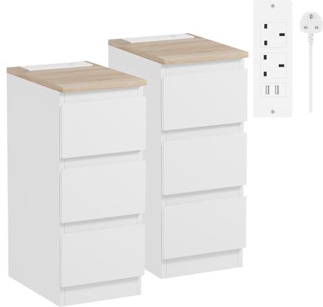 Rainbow Tree Slim Bedside Table with Charging Station White Set of 2, Modern Narrow Bedside Cabinet with 3 Drawers, Nightstand for Bedroom, Side Sofa Tables 25Wx35Dx60Hcm