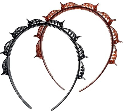 2Pcs Black and Brown Double Bangs Hairstyle Hairpin Headband With 8 Small Clips, Women's Double Layer Twist Plait Tools for Curly, Thick Hair, Toothed Bands Braid Tool Accessories, Fashion Headbands