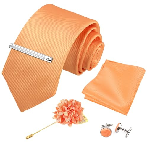 Xynovate Einfarbige Krawatte, Herren krawatte, Herrenfliege und Einstecktuch mit Manschettenknöpfen Set, Klassische Formelle Elegante Krawatte für Business, Hochzeit, Feier, Weihnachten，Orange