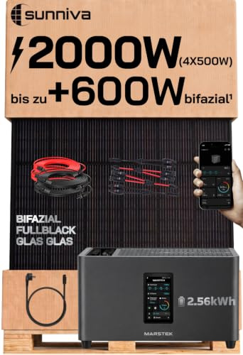 SUNNIVA® 2000W Balkonkraftwerk mit 2,56 kWh Speicher MARSTEK Jupiter C + Plus, BIFAZIAL FULLBLACK komplett Steckdose, PV Solaranlage Komplettset mit Solarspeicher, 4x 500W N-Type Glas Bifacial