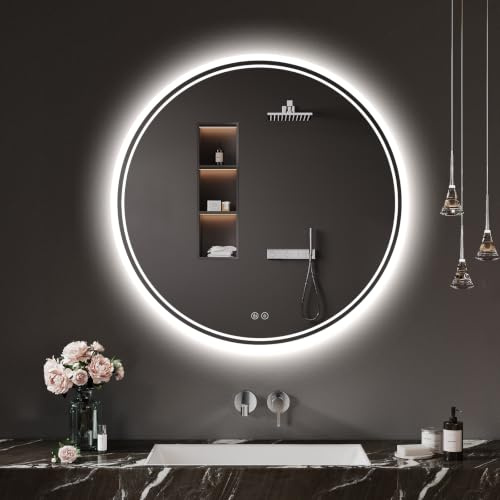 Spiegel mit Beleuchtung 50cm: Rund Badezimmerspiegel mit Beschlagfrei | Badspiegel mit Beleuchtung, Touch Schalter, 3 Lichtfarben, Dimmbar, Bad-Spiegel-mit-Licht