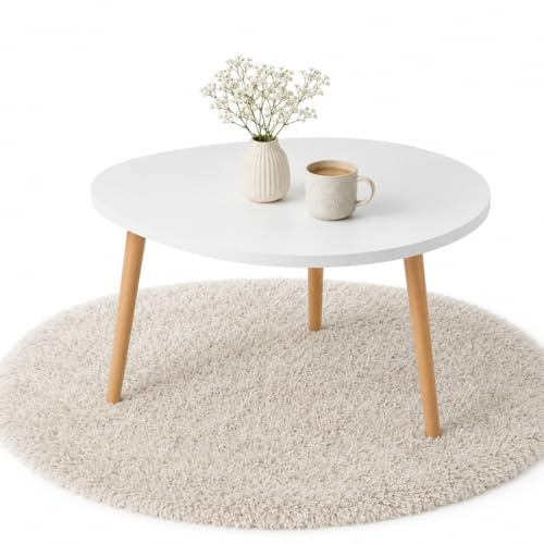 PlayPals Couchtisch Weiss 60x40 Oval Organisch – Skandinavischer Wohnzimmertisch Holzbeine, Kleiner Sofatisch, moderner Beistelltisch MDF Holz