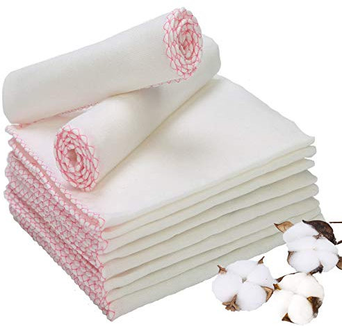 Panlom Pure Cotton Soft Muslin Face Cloths Face Cleansing Cloths Makeup Remover Polish Facial Cloths (Pink 10 Pack)