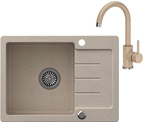 VBChome Granitspüle Beige 60x44 cm – Einzelbecken mit Abtropffläche, reversibel, Einbauspüle gesprenkelt inkl. Armatur und Siphon – Küchenspüle robust & pflegeleicht