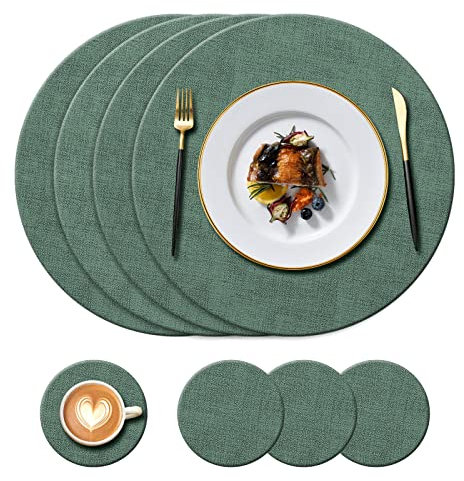 KERYCHIN Set di tovagliette rotonde in pelle lavabili (34 cm) e sottobicchieri (10 cm), resistenti al calore 100 °C, antiscivolo e impermeabili, facili da pulire per ristorante, 8 pezzi, (verde)