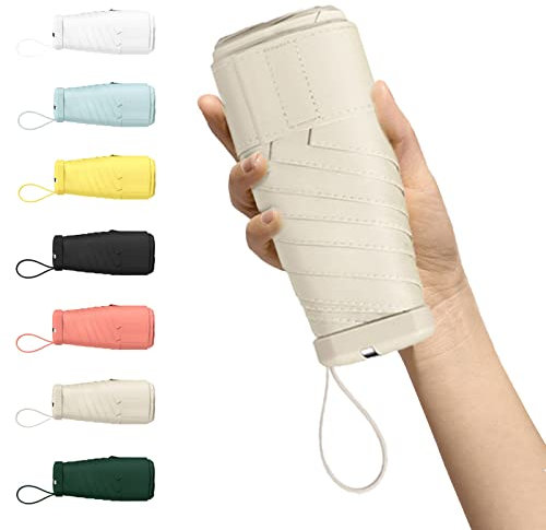Kwude Kompakter Mini-Reise-Regenschirm, leicht, tragbar und winddicht, Sonnen- und Regenschirm mit 99 % UV-Schutz, perfekt für Damen, Herren und Kinder unterwegs (Off-White)