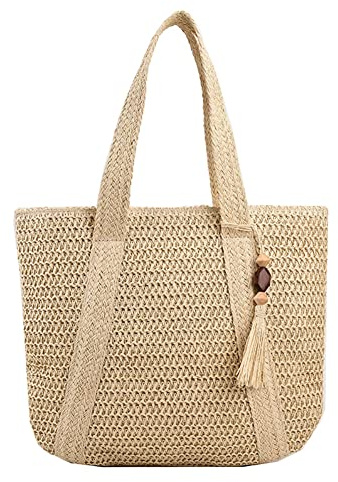 TIAASTAP Straw Beach Bags for Women Summer Straw Bag Woven Tote Bag with Tassels Large Straw Shoulder Bag Woven Handbags with Zip for Travel, Shopping, Holiday, Party