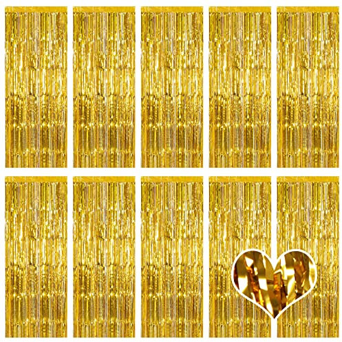 Ohiyoo 10 Stück Golden Lametta Vorhänge 1 x 2.5M Tinsel Curtain Folien Fransen Metallic Lametta Vorhange Golden für Geburtstag Partydekor Verlobung Hochzeit Weihnachten Neujahr Dekoration (Golden)