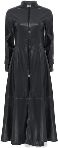 Freebily Damen Ledermantel Lang PU Leder Jacke Trenchcoat Stehkragen Mit Reißverschluss Leder Kleid Maxi Matrix Kostüm