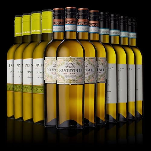 Pinot Grigio Wines Mixed 12 Bottle Bundle 75cl - Pinot Grigio Customer Favourites 4 Bottles Each of Mirabello, Principato, Conviviale 2023/24