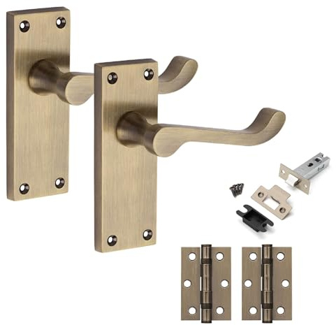 Golden Grace Victorian Scroll Latch Door Handle, Antique Brass, 1 Set | Includes 2.5 inch tubular latch, ball bearing hinges, spindle, and screws for quick installation on internal doors.