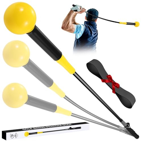 MIKOSI Golf Grip Trainer, Golf Swing Trainer Aid Warm-Up Stick for Strength Grip Tempo & Flexibility Training, Right-Handed Golf Training Aid with Arm Band for Practice Chipping Hitting (Yellow)
