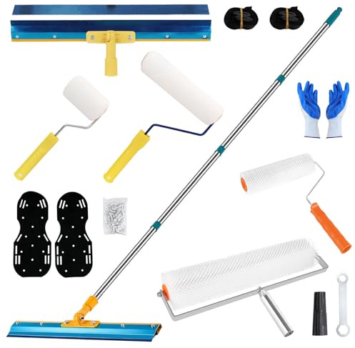 Kit Herramientas de Autonivelación de Cemento, con Zapatas de Clavos 3CM Escobilla de Goma de Pie 56CM Rodillo Desaireador 23CM+48CM Rodillo 9CM+23CM Varilla Telescópica de 170CM
