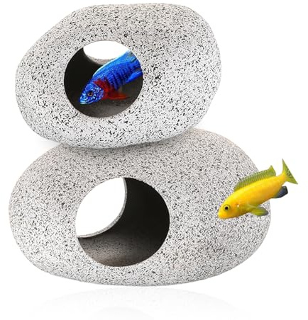 QKNOSM 2 Stück Aquarium Versteck, Felsenhöhle für Wassertiere Fisch Höhle zum Spielen Ausruhen und Laich Sichere und Ungiftige Keramik Ornamente Aquarium Dekostein für Betta Garnelen