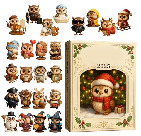 Fun Owl A dven t Kalender 2025, 24 Tage Weihnachten Countdown mit 2D Acryl Eule Hängende Anhänger, Urlaubsdekor & Geschenk für Vogel Enthusiasten - Ideal für Wohnzimmer, Eingang