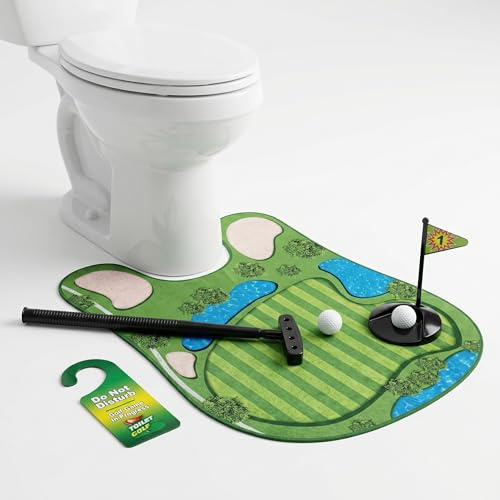 B2C Toilet Golf Game Gift Set Bathroom Putting Game Funny Gift for Golf Fans - Compact Indoor Mini Golf Set with Mat, Extendable Putter, 2 Balls, Flag and Door Hanger